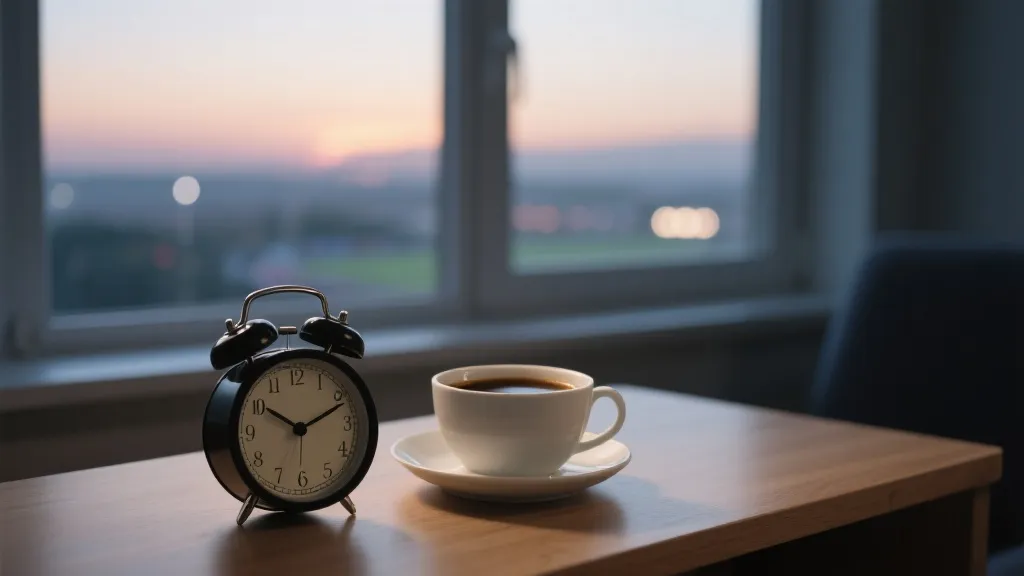 清晨闹钟与热咖啡的桌面，象征亚洲观众为北美决赛早起观赛
